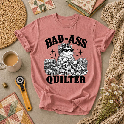 Bad-Ass Quilter Cat Bandana T-Shirt - Heather Mauve