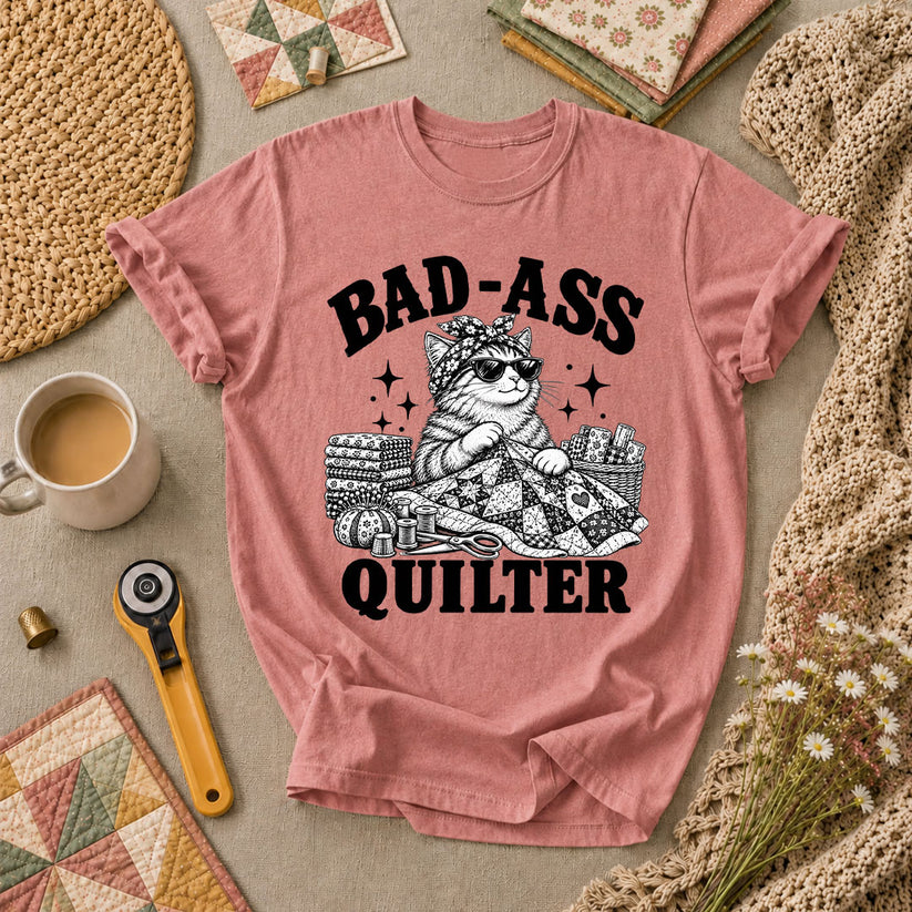 Bad-Ass Quilter Cat Bandana T-Shirt - Heather Mauve