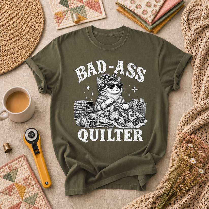 Bad-Ass Quilter Cat Bandana T-Shirt - Military Green