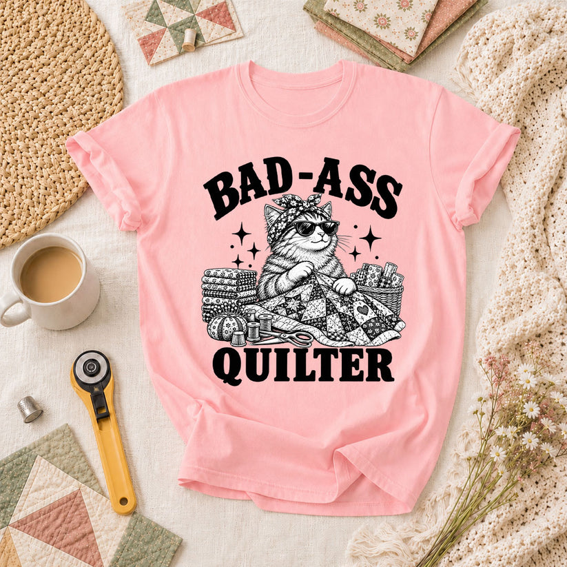 Bad-Ass Quilter Cat Bandana T-Shirt - Pink