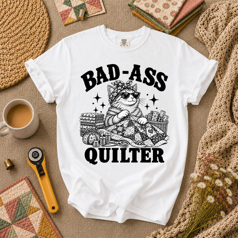 Bad-Ass Quilter Cat Bandana T-Shirt - White
