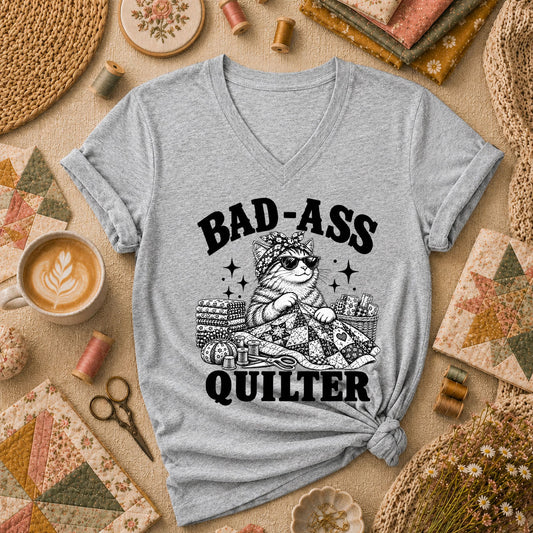 Bad-Ass Quilter Cat Bandana Women's V-Neck - Athletic Heather