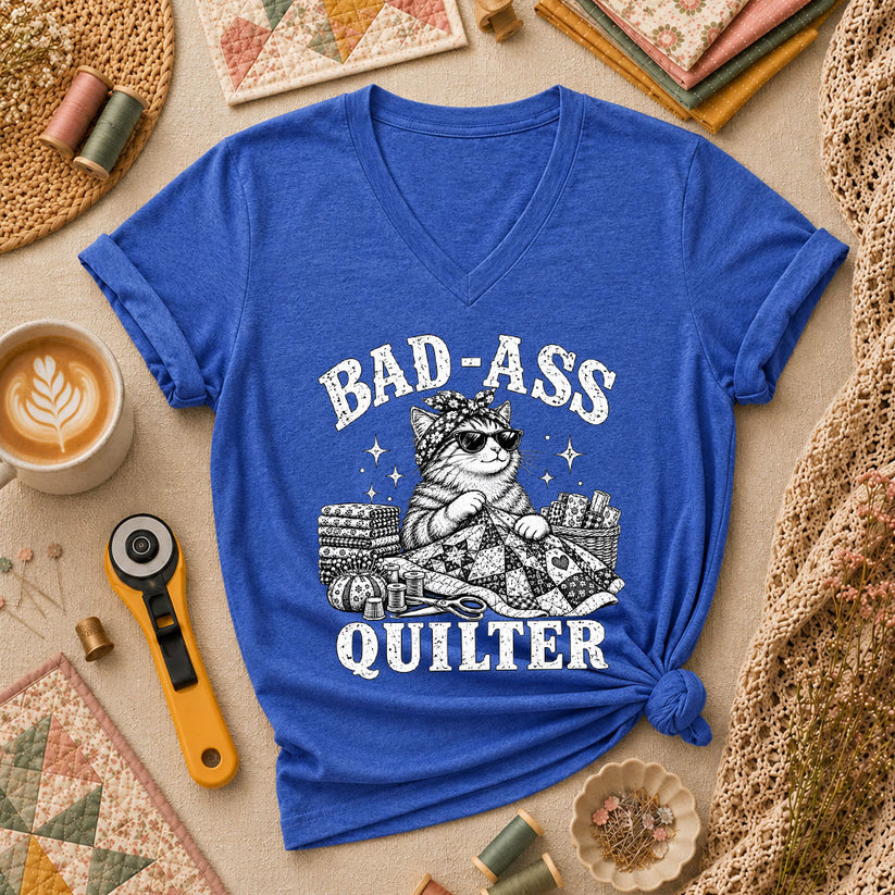 Bad-Ass Quilter Cat Bandana Women's V-Neck - Heather True Royal