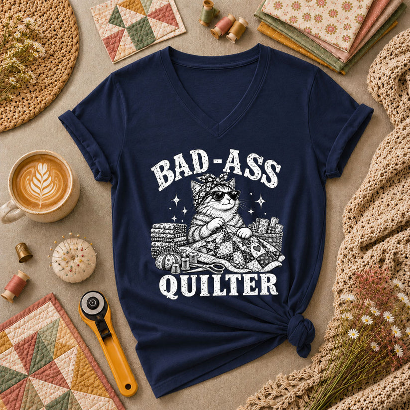 Bad-Ass Quilter Cat Bandana Women's V-Neck - Navy