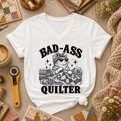 Bad-Ass Quilter Cat Bandana Women's V-Neck - White