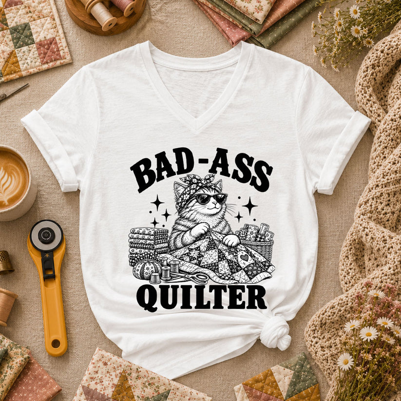 Bad-Ass Quilter Cat Bandana Women's V-Neck - White