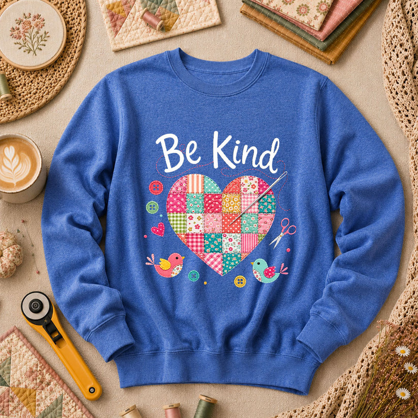 Be Kind Patchwork Heart Long Sleeve - Heather True Royal