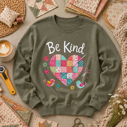 Be Kind Patchwork Heart Long Sleeve - Military Green