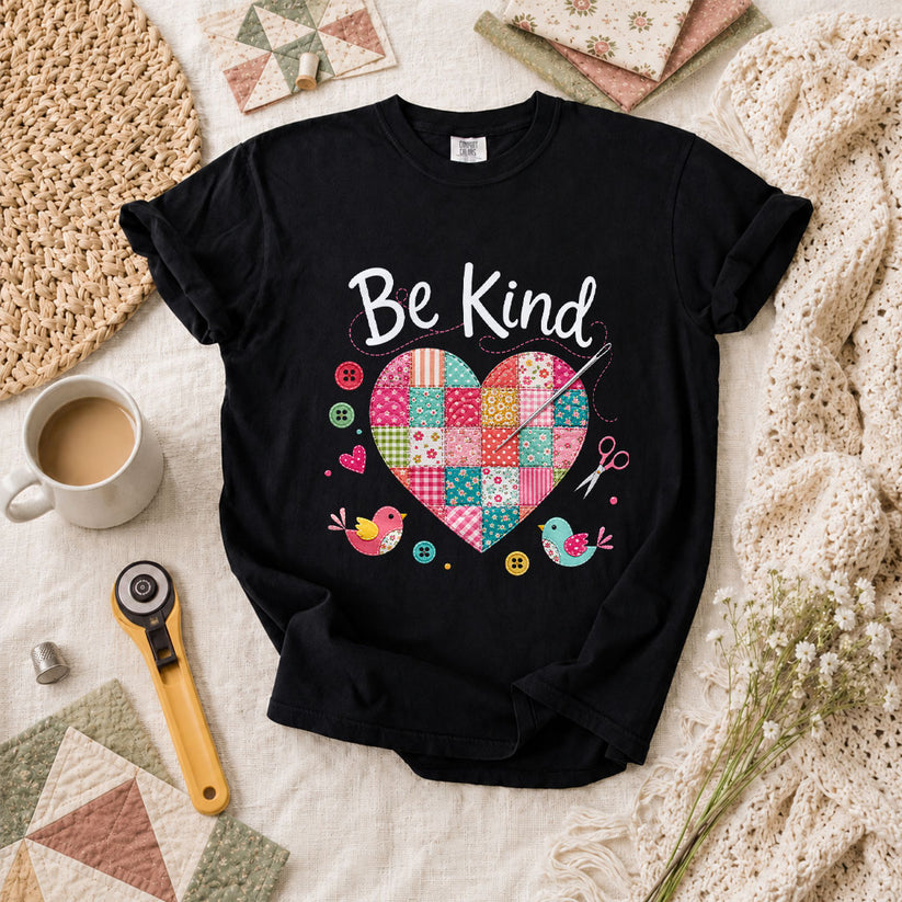 Be Kind Patchwork Heart T-Shirt - Black