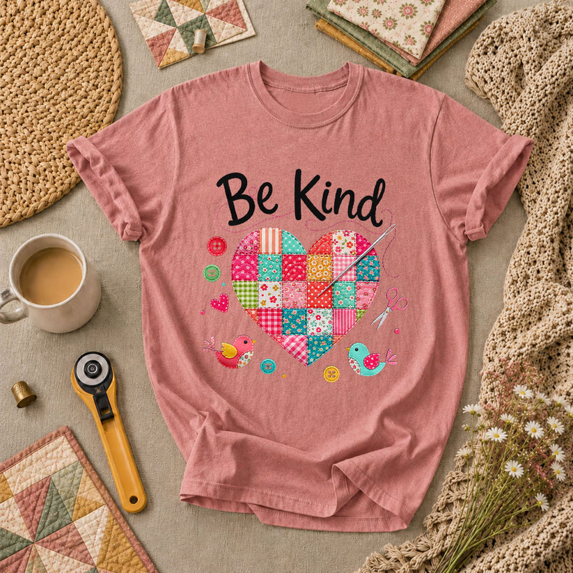 Be Kind Patchwork Heart T-Shirt - Heather Mauve