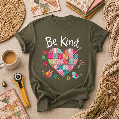 Be Kind Patchwork Heart T-Shirt - Military Green