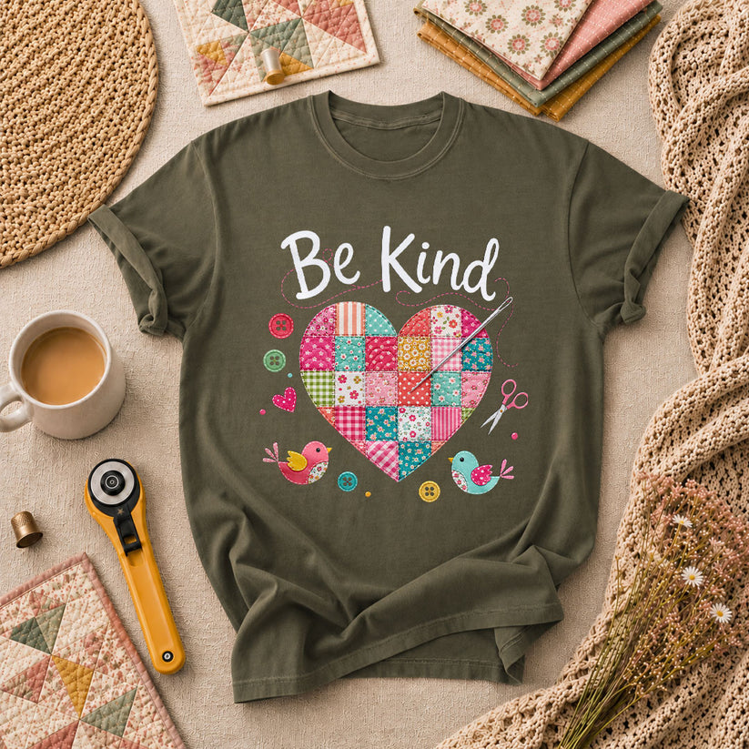 Be Kind Patchwork Heart T-Shirt - Military Green