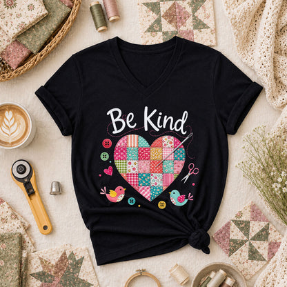 Be Kind Patchwork Heart Women's V-Neck - Black