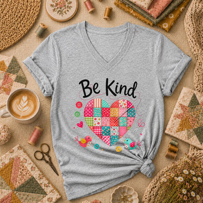 Be Kind Patchwork Heart Women's V-Neck - Sport Grey