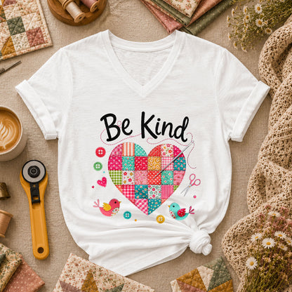 Be Kind Patchwork Heart Women's V-Neck - White