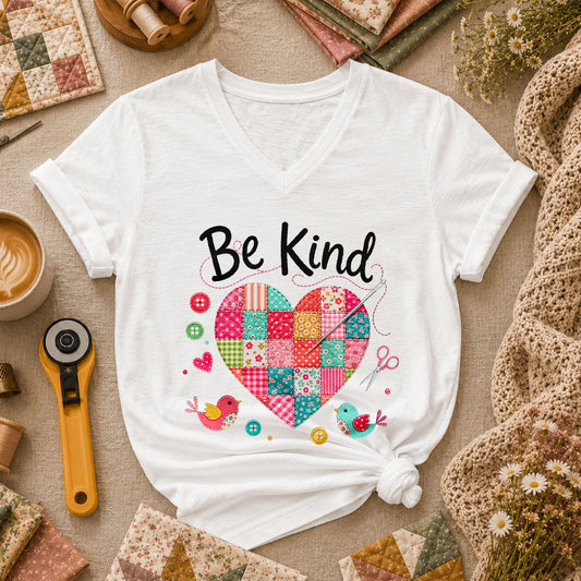 Be Kind Patchwork Heart Women's V-Neck - White