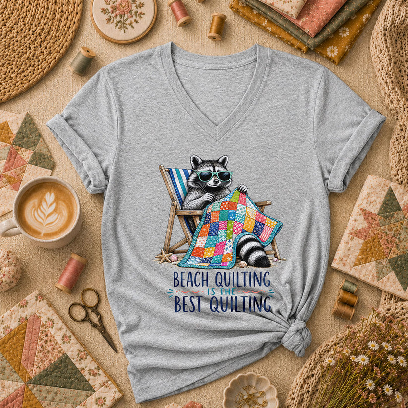 Beach Quilting Is The Best Quilting Raccoon Women's V-Neck - Athletic Heather