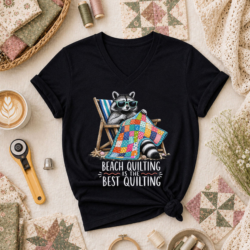 Beach Quilting Is The Best Quilting Raccoon Women's V-Neck - Black
