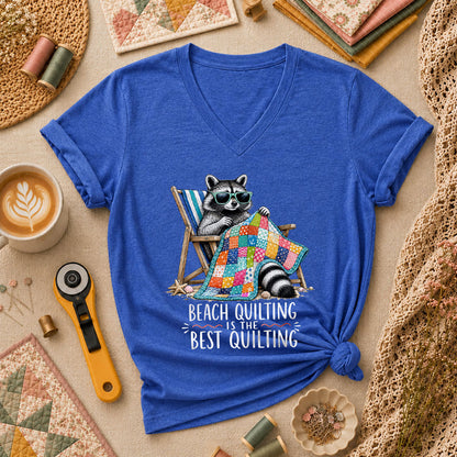 Beach Quilting Is The Best Quilting Raccoon Women's V-Neck - Heather True Royal