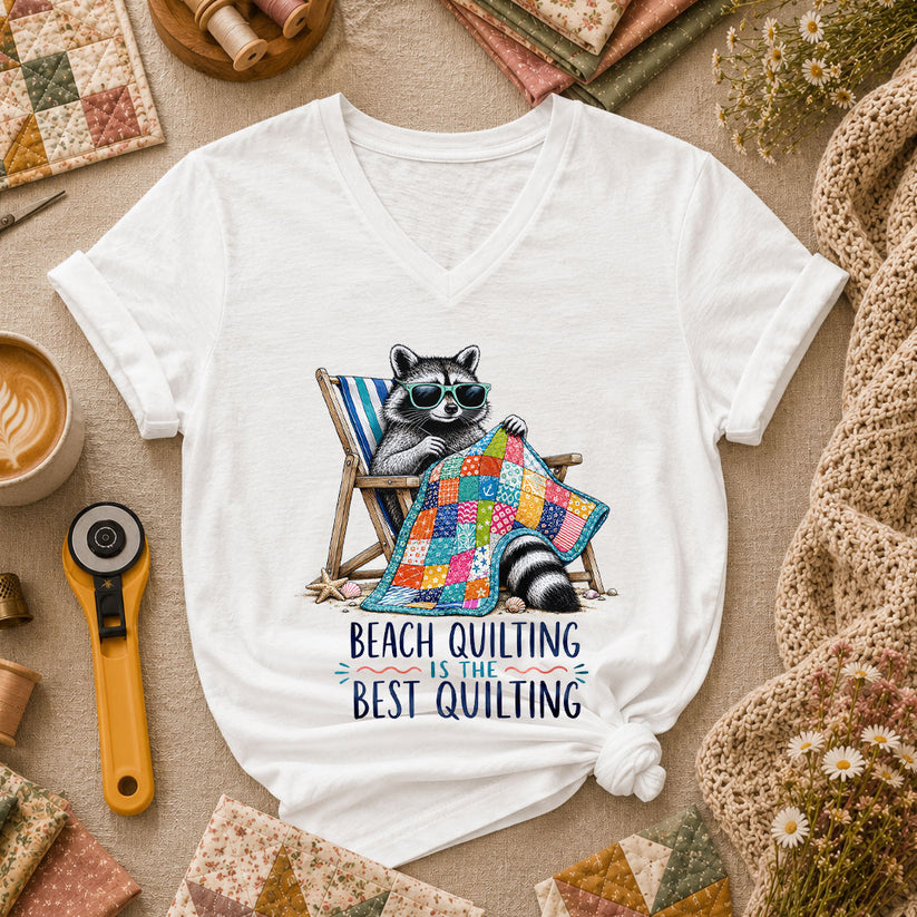 Beach Quilting Is The Best Quilting Raccoon Women's V-Neck - White