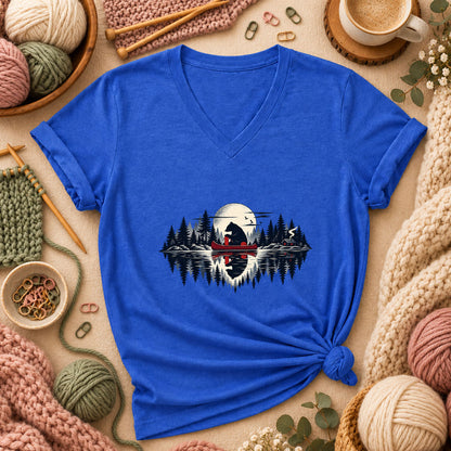 Bear Canoe Lake Reflection Women's V-Neck - Heather True Royal