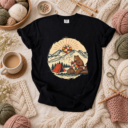 Bear Quilting At Mountain Campsite T-Shirt - Black