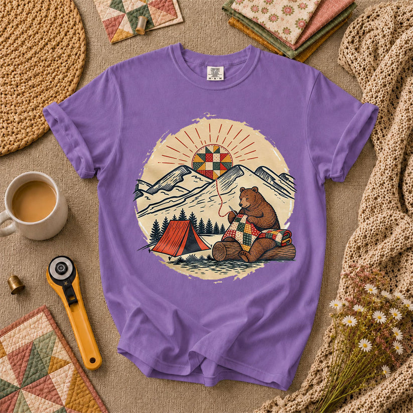 Bear Quilting At Mountain Campsite T-Shirt - Heather Team Purple