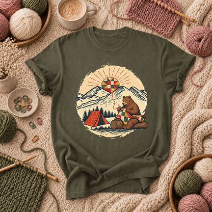 Bear Quilting At Mountain Campsite T-Shirt - Military Green