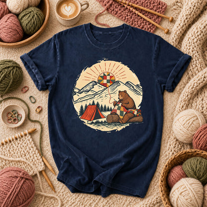 Bear Quilting At Mountain Campsite T-Shirt - Navy