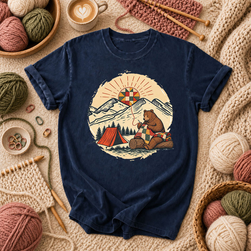 Bear Quilting At Mountain Campsite T-Shirt - Navy