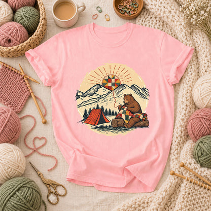 Bear Quilting At Mountain Campsite T-Shirt - Pink