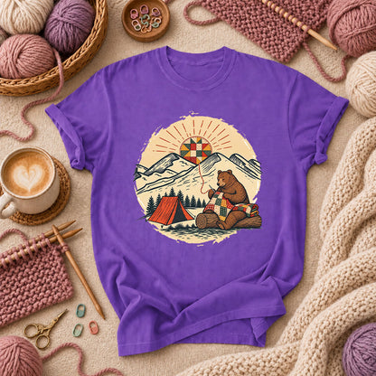 Bear Quilting At Mountain Campsite T-Shirt - Purple