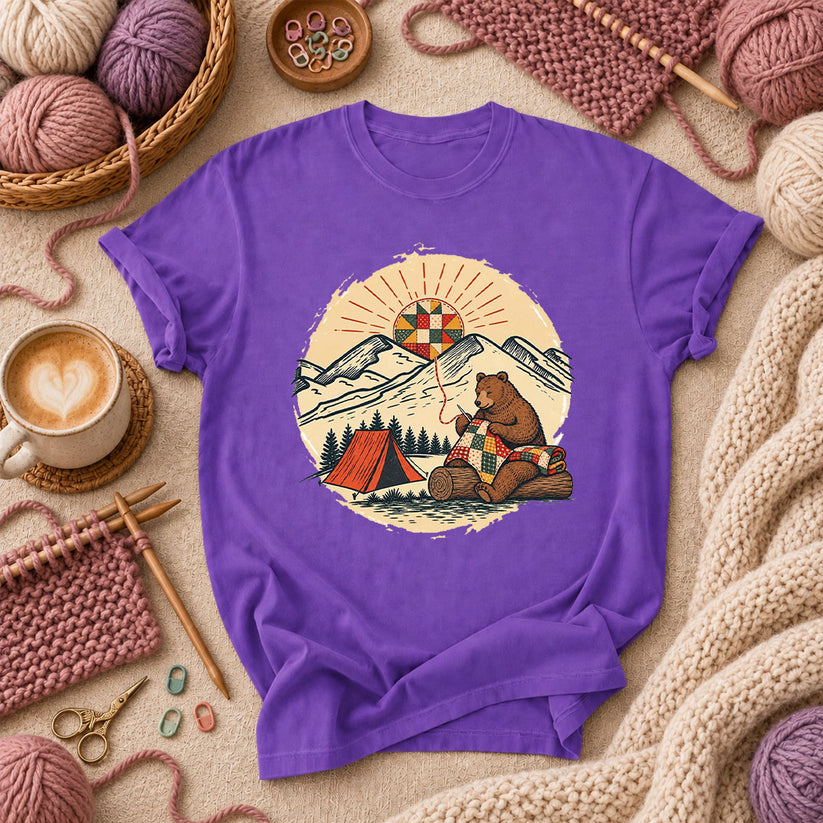 Bear Quilting At Mountain Campsite T-Shirt - Purple