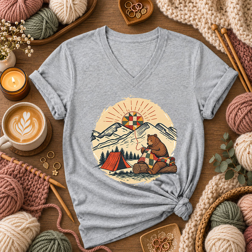 Bear Quilting At Mountain Campsite Women's V-Neck - Athletic Heather