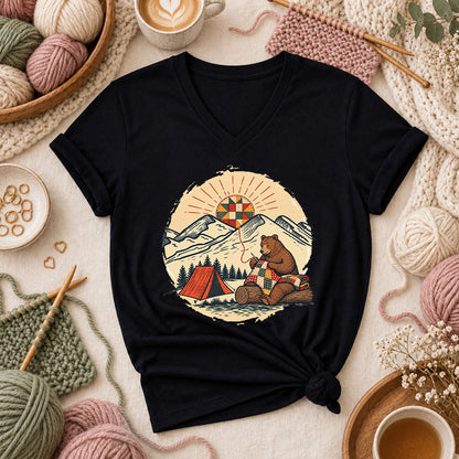 Bear Quilting At Mountain Campsite Women's V-Neck - Black