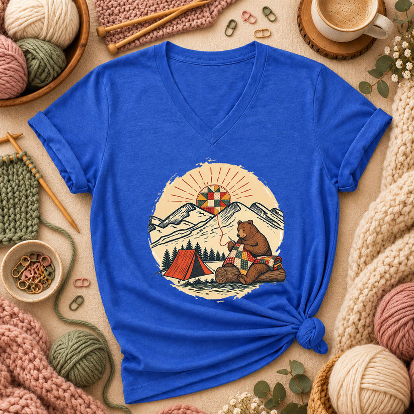 Bear Quilting At Mountain Campsite Women's V-Neck - Heather True Royal