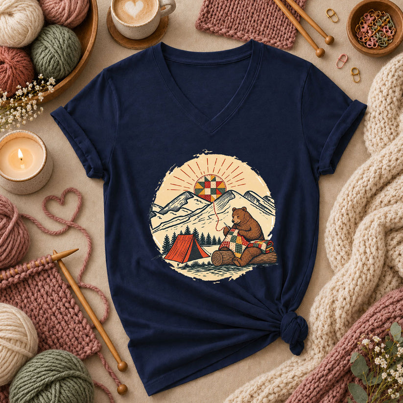 Bear Quilting At Mountain Campsite Women's V-Neck - Navy