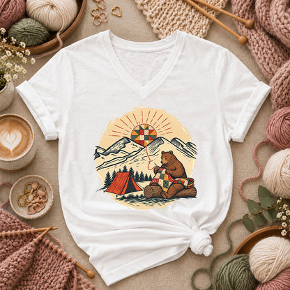 Bear Quilting At Mountain Campsite Women's V-Neck - White
