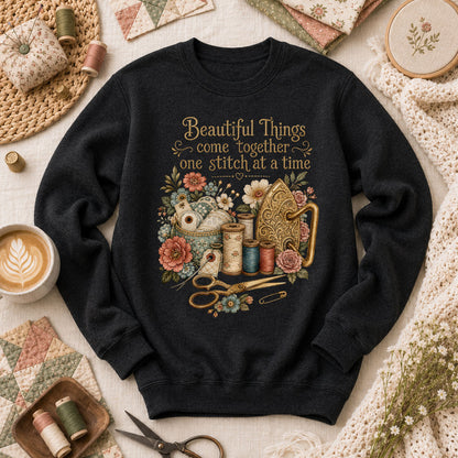 Beautiful Things Come Together One Stitch At A Time Long Sleeve - Black