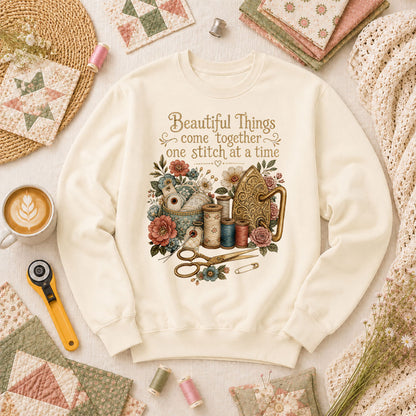 Beautiful Things Come Together One Stitch At A Time Long Sleeve - Natural