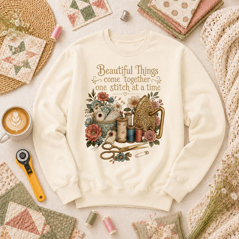 Beautiful Things Come Together One Stitch At A Time Long Sleeve - Natural