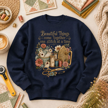 Beautiful Things Come Together One Stitch At A Time Long Sleeve - Navy
