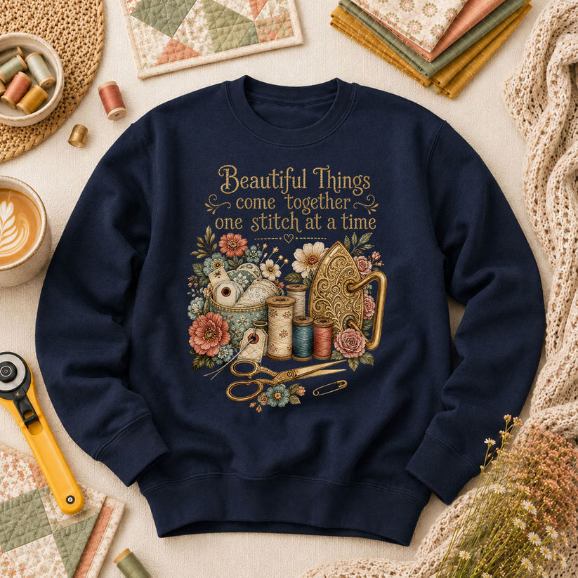 Beautiful Things Come Together One Stitch At A Time Long Sleeve - Navy
