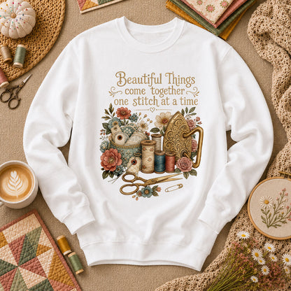 Beautiful Things Come Together One Stitch At A Time Long Sleeve - White