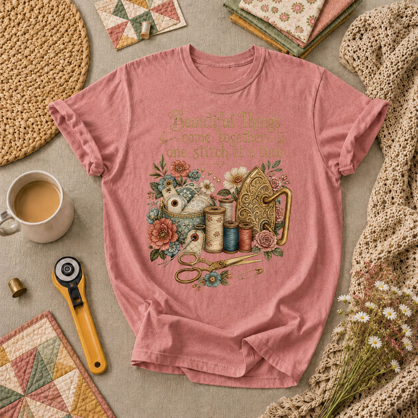 Beautiful Things Come Together One Stitch At A Time T-Shirt - Heather Mauve