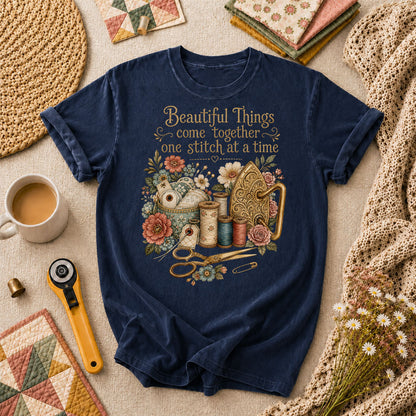 Beautiful Things Come Together One Stitch At A Time T-Shirt - Navy