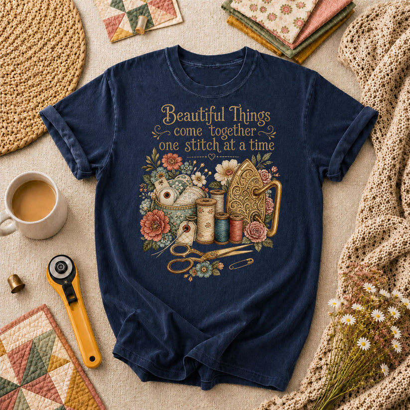 Beautiful Things Come Together One Stitch At A Time T-Shirt - Navy
