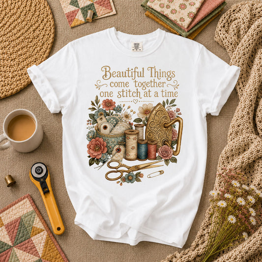 Beautiful Things Come Together One Stitch At A Time T-Shirt - White