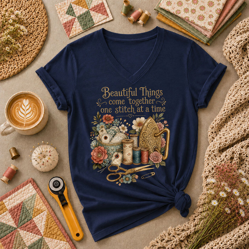 Beautiful Things Come Together One Stitch At A Time Women's V-Neck - Navy