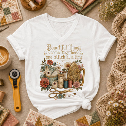 Beautiful Things Come Together One Stitch At A Time Women's V-Neck - White